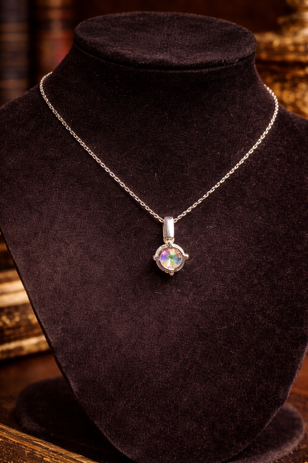 925 Sterling Silver Mystic Topaz Pendant Necklace 16” Round Cut Rainbow Crystal Solitaire