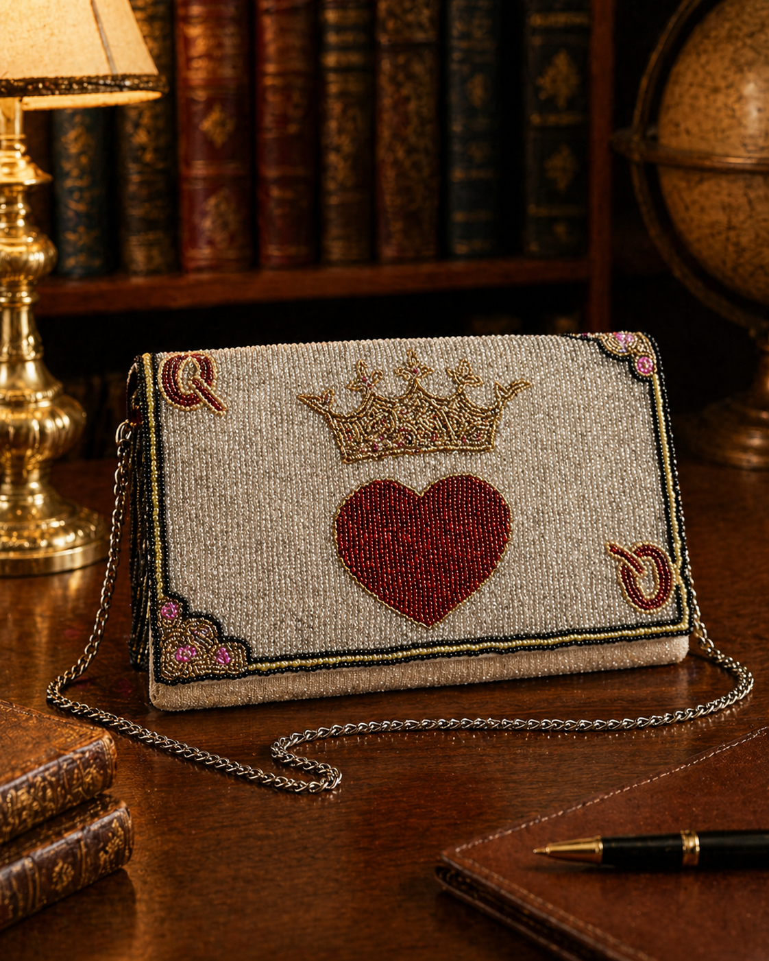Silver-tone beaded Queen of Hearts clutch with red heart, crown and chain strap