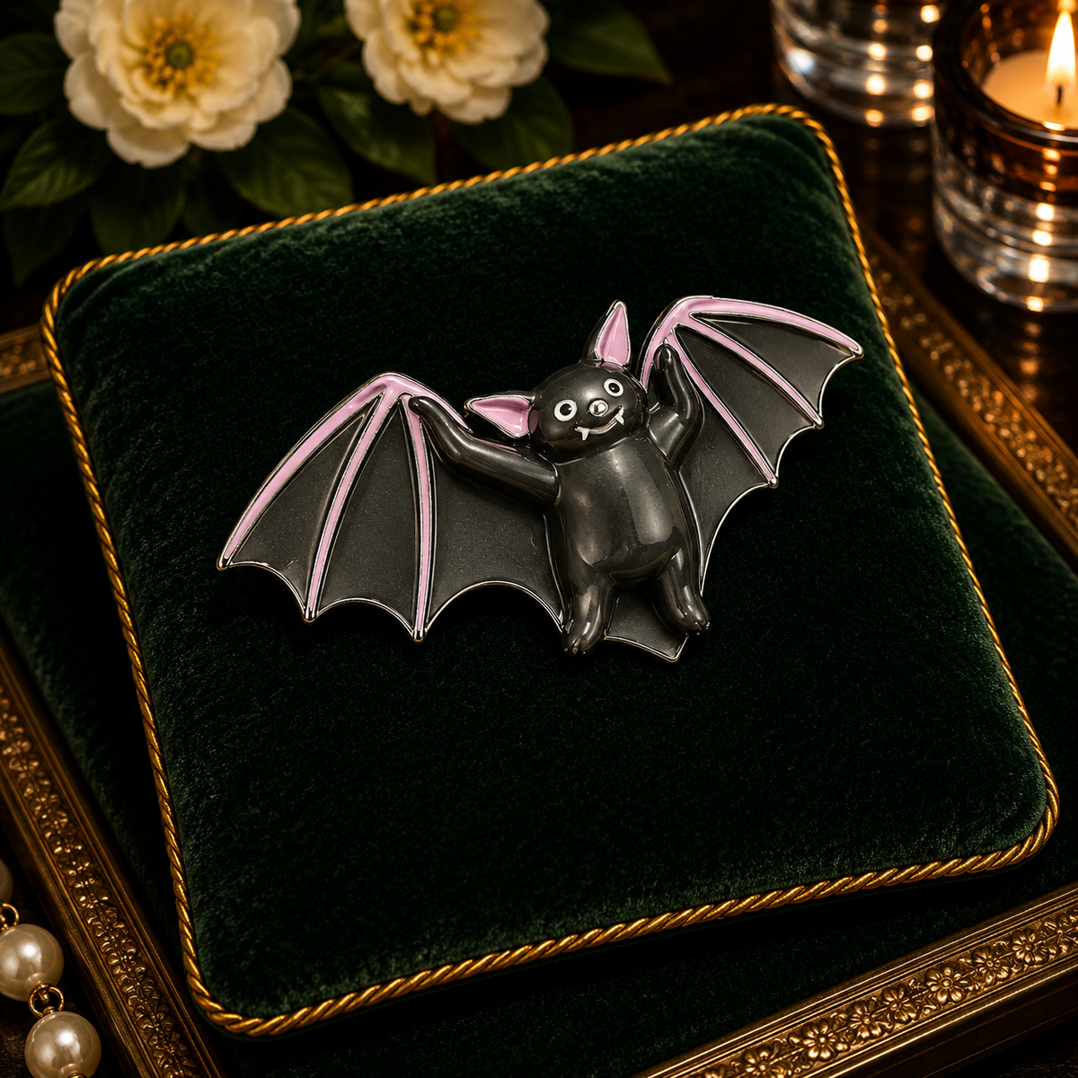 Fun World black bat Halloween brooch with pink wing and ear accents