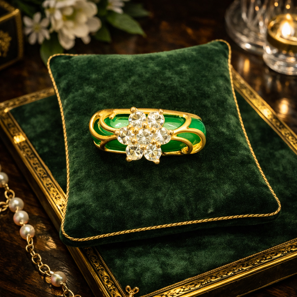 Gold Tone Green Enamel Flower Cluster Ring