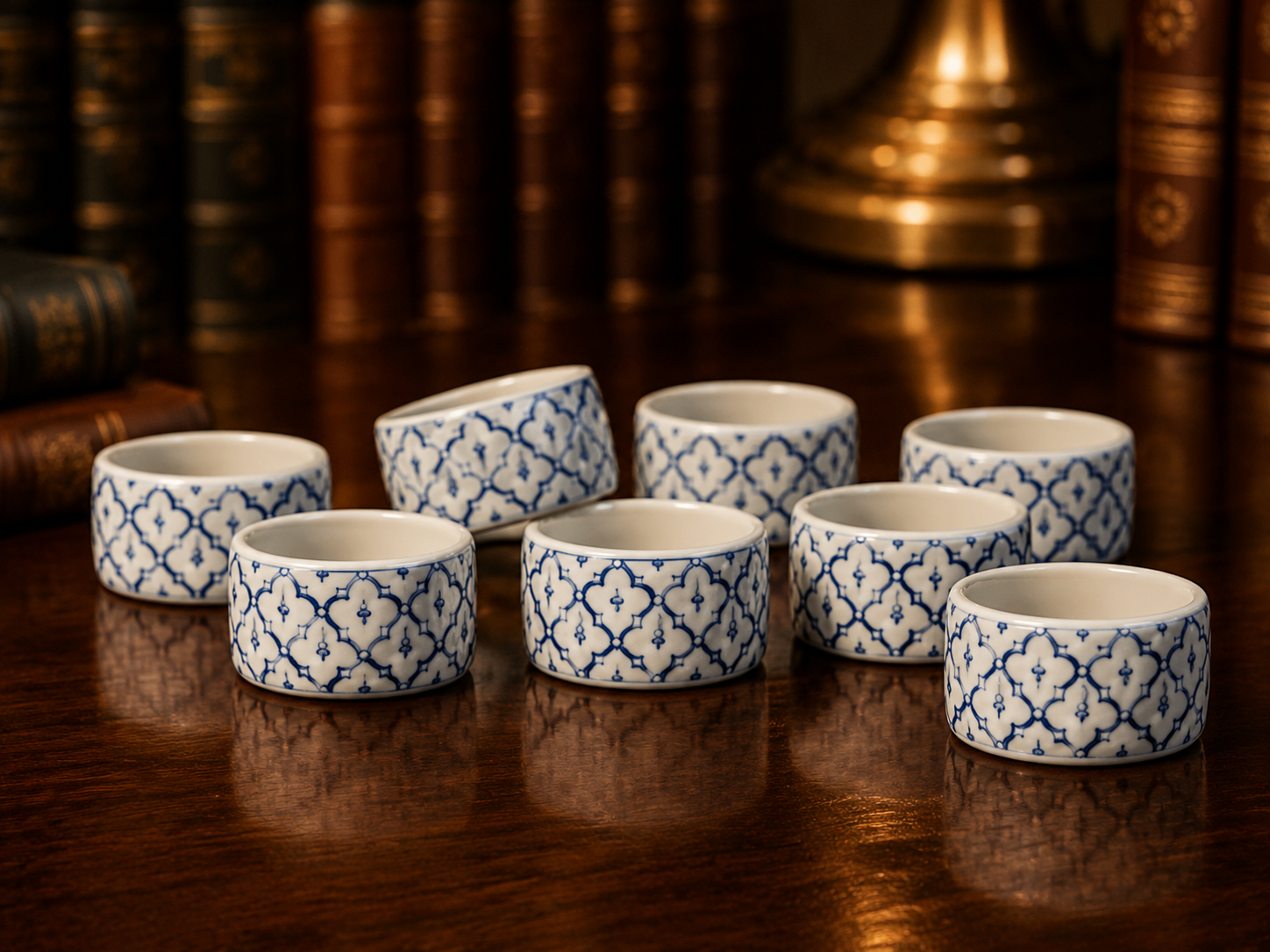 Rolfs Vintage Thai Ceramic Napkin Rings Set of 8 | Blue and White Table Linens Holders