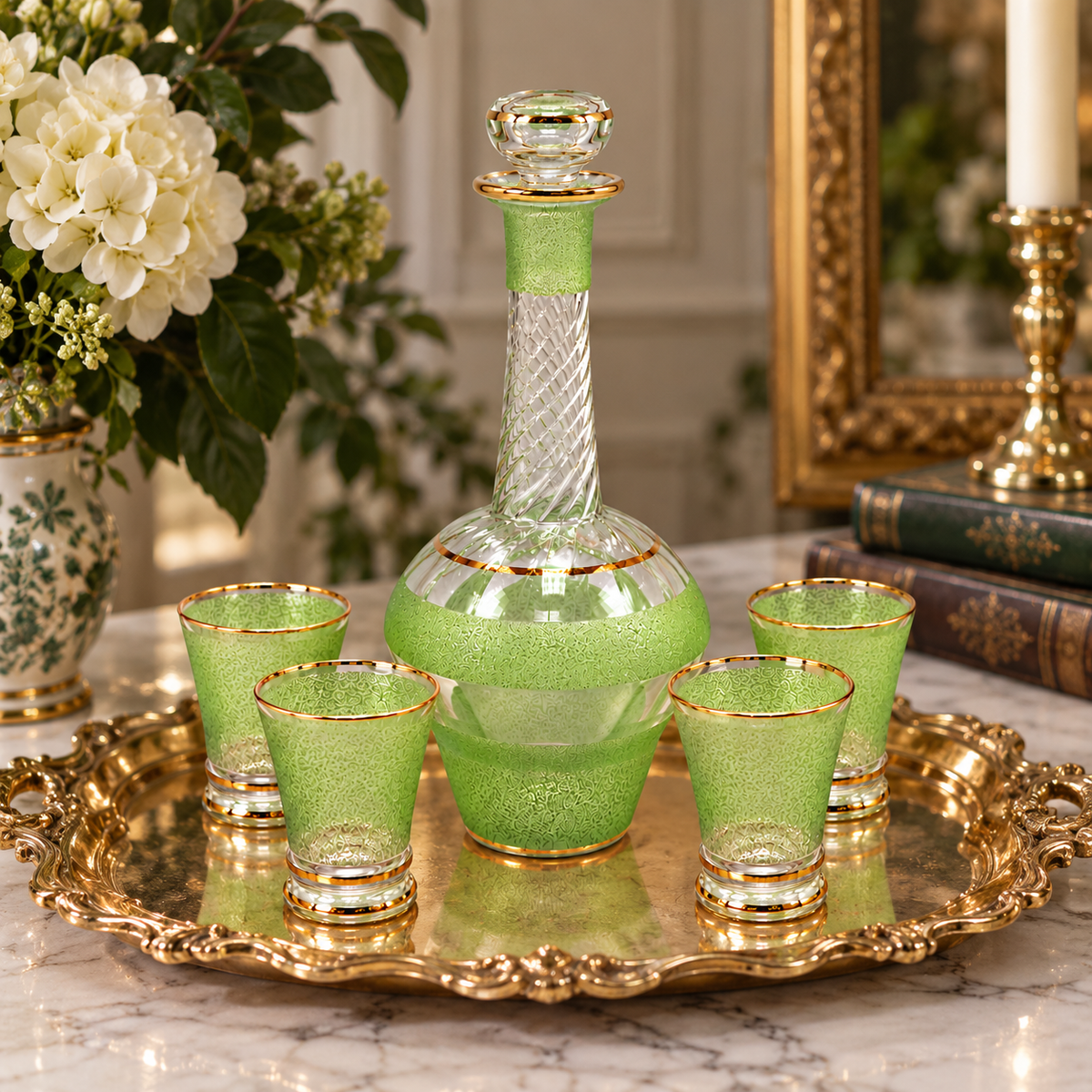 Green frosted glass decanter with spiral neck, gold trim and four small glasses