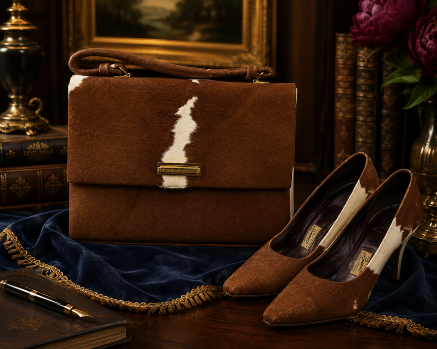 PYMSA cowhide shoulder bag with matching Bonita cowhide heels