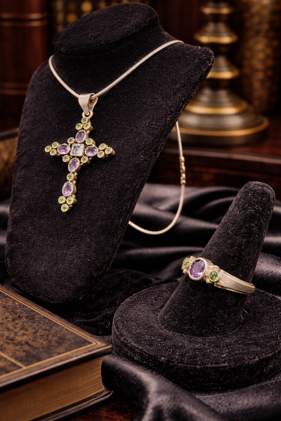 925 Sterling Silver Amethyst Peridot White Topaz Cross Pendant Necklace Ring Set Gemstone Jewelry