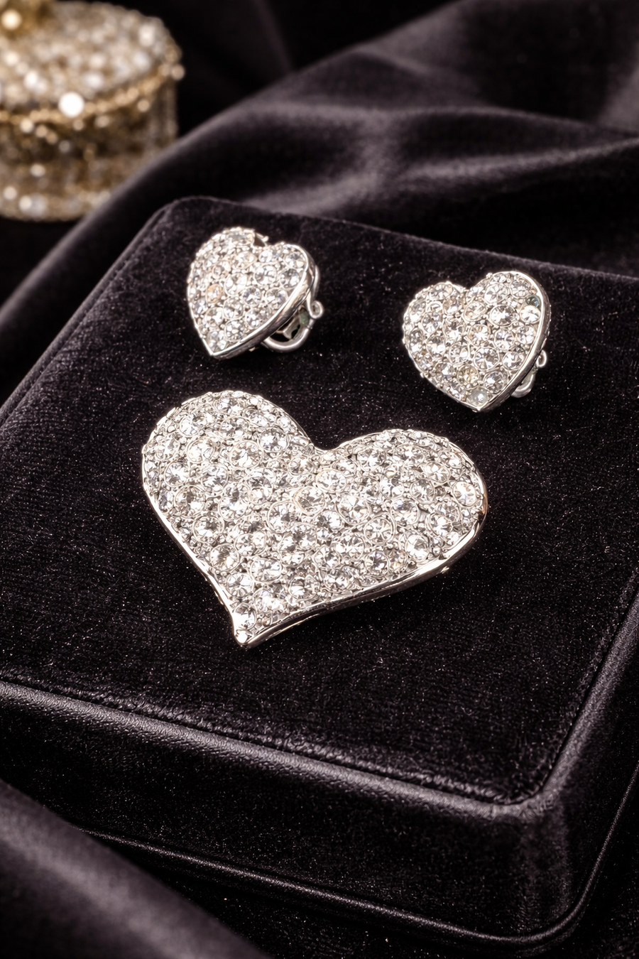 Swarovski clear crystal pavé heart brooch and matching heart earrings in silver tone