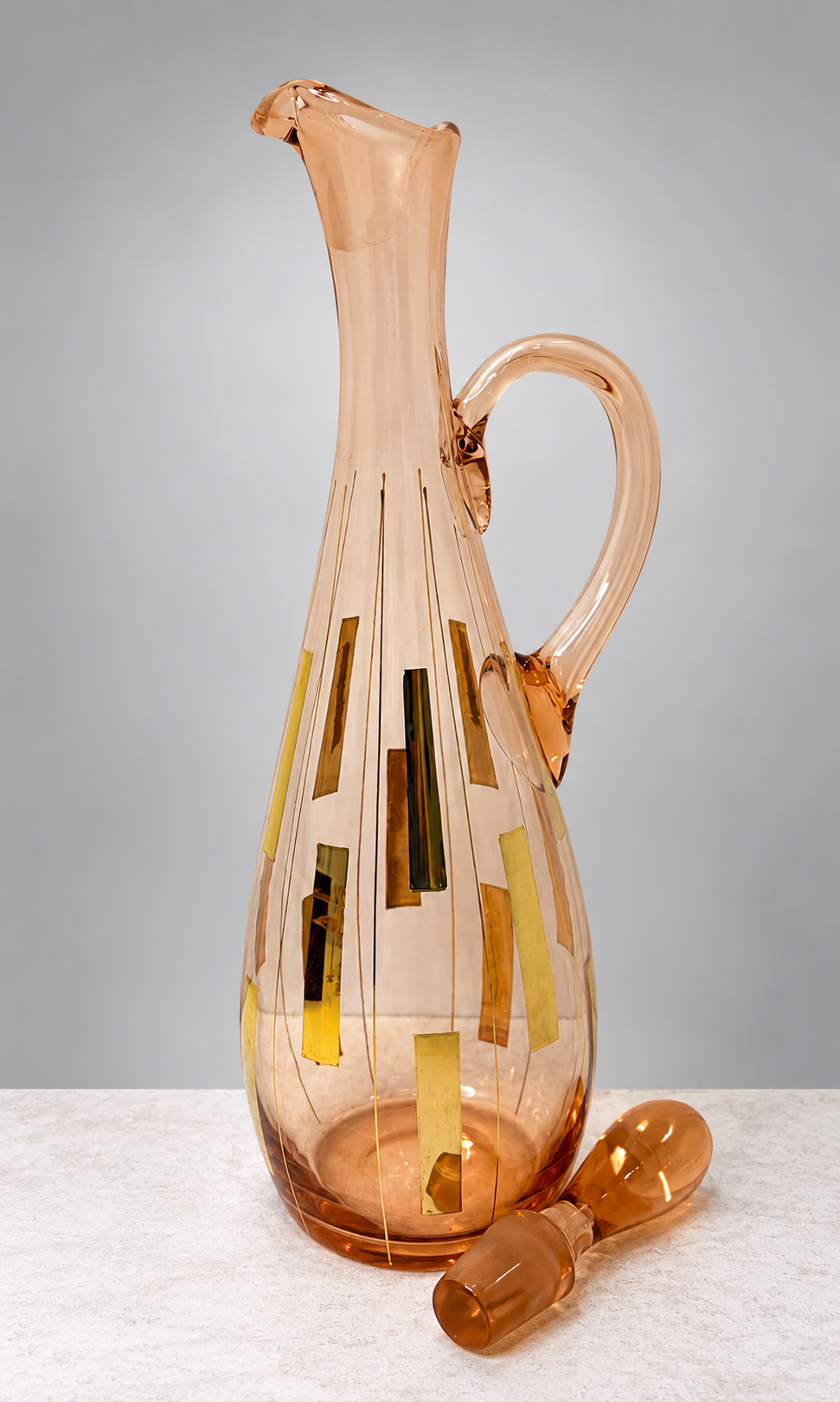 Rose-gold glass handled decanter and six cordial glasses with geometric gold-tone rectangles, view 6