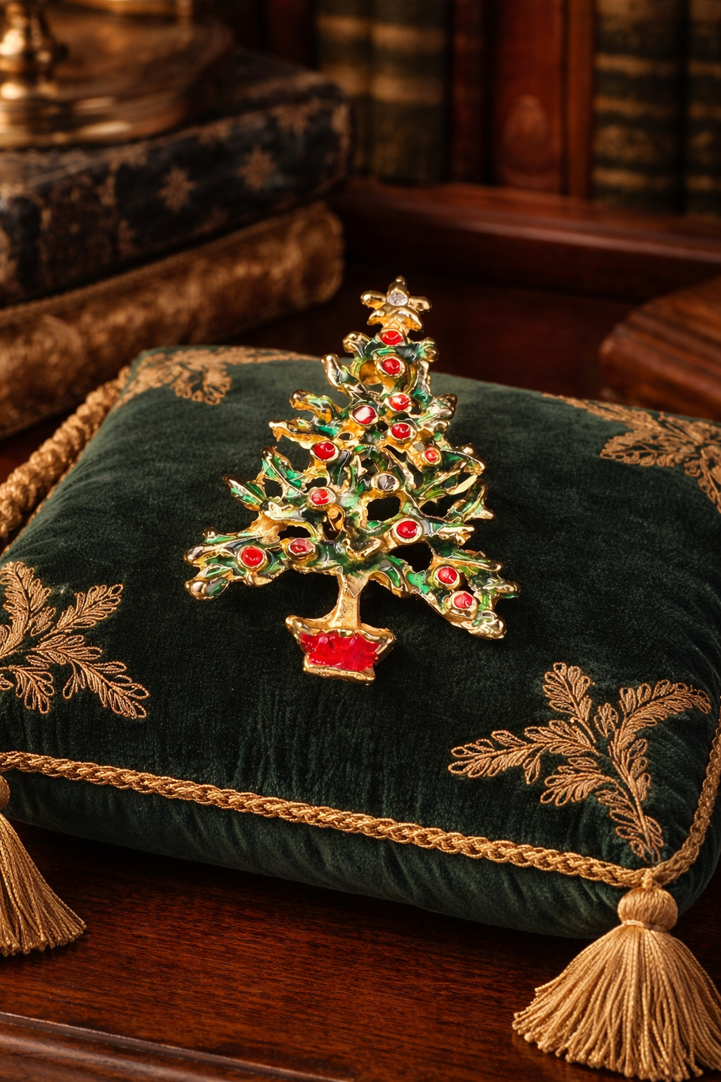 Gold-tone openwork Christmas tree brooch with green enamel branches, red accents and star