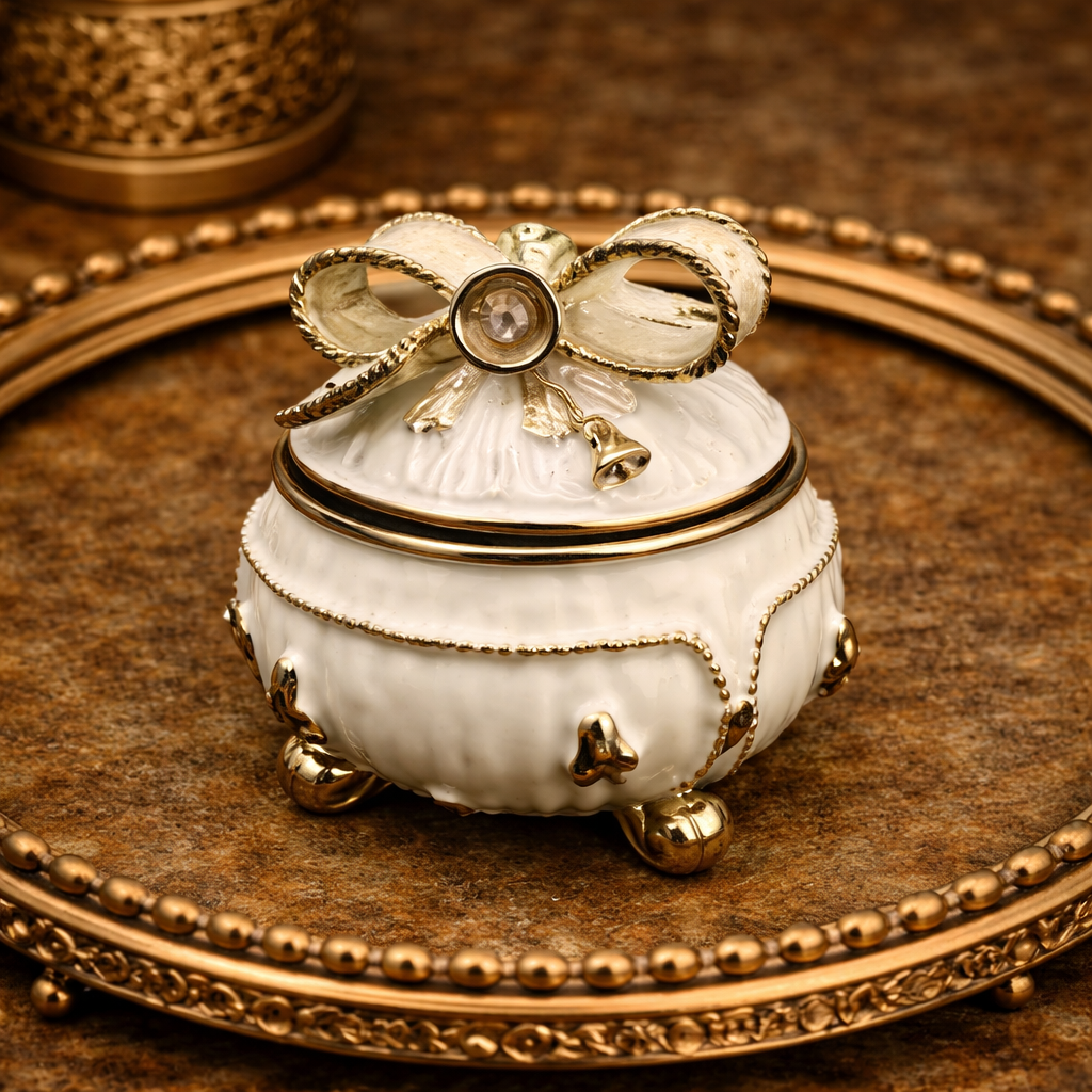Ivory enamel gift box trinket box with ribbon bow lid and clear crystal