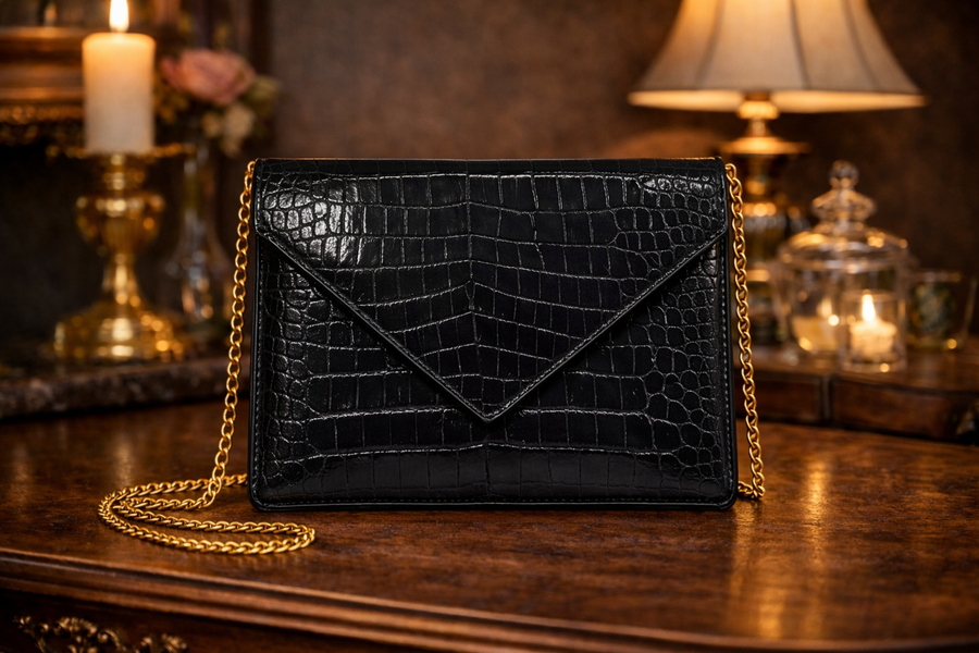 Black croc-embossed faux leather envelope clutch with gold-tone chain shoulder strap