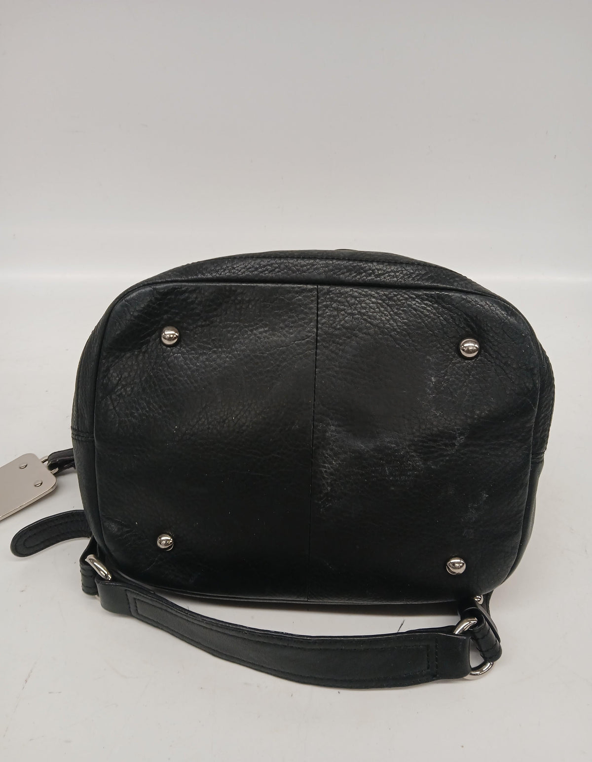 B. Makowsky black leather drawstring bucket purse with silver-tone hardware and leopard lining, view 2