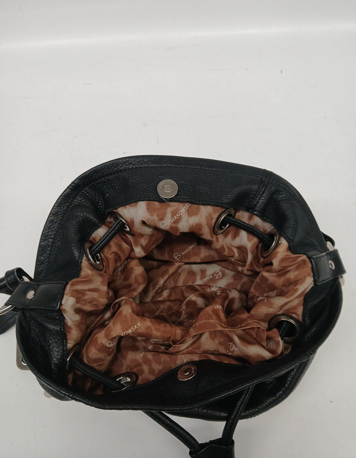 B. Makowsky black leather drawstring bucket purse with silver-tone hardware and leopard lining, view 3