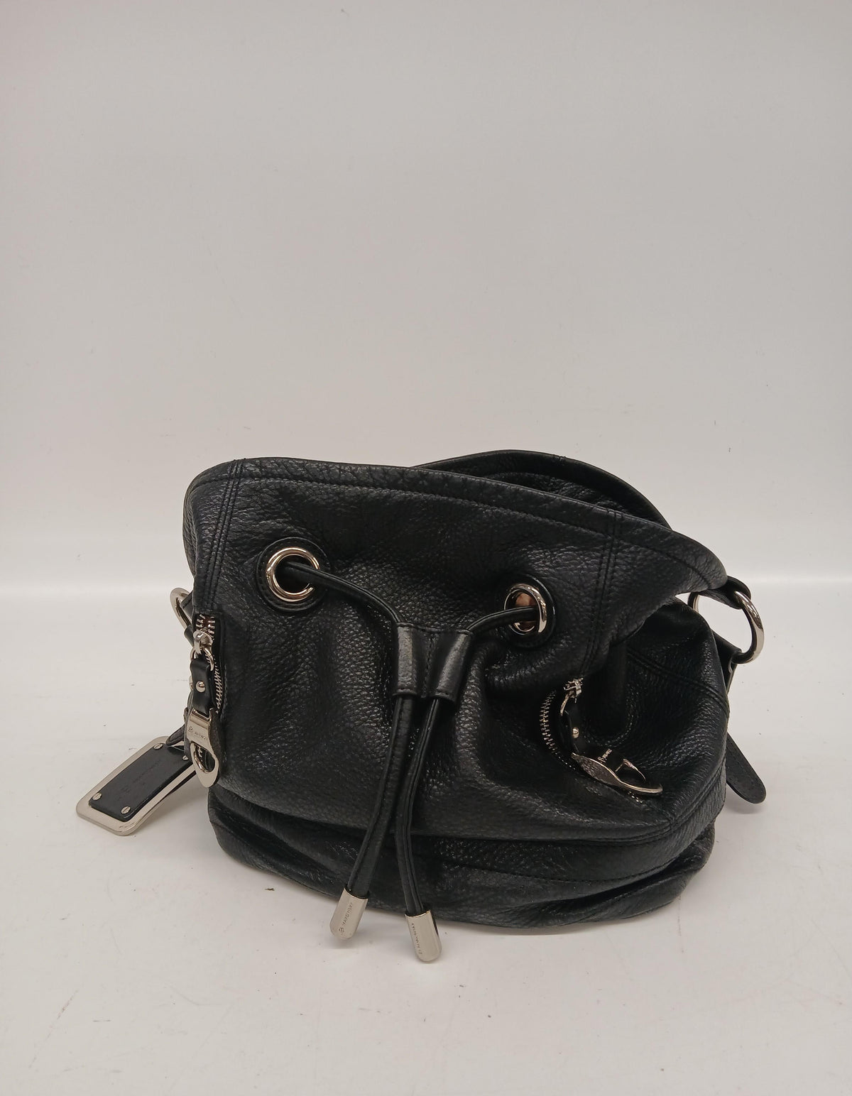 B. Makowsky black leather drawstring bucket purse with silver-tone hardware and leopard lining, view 4