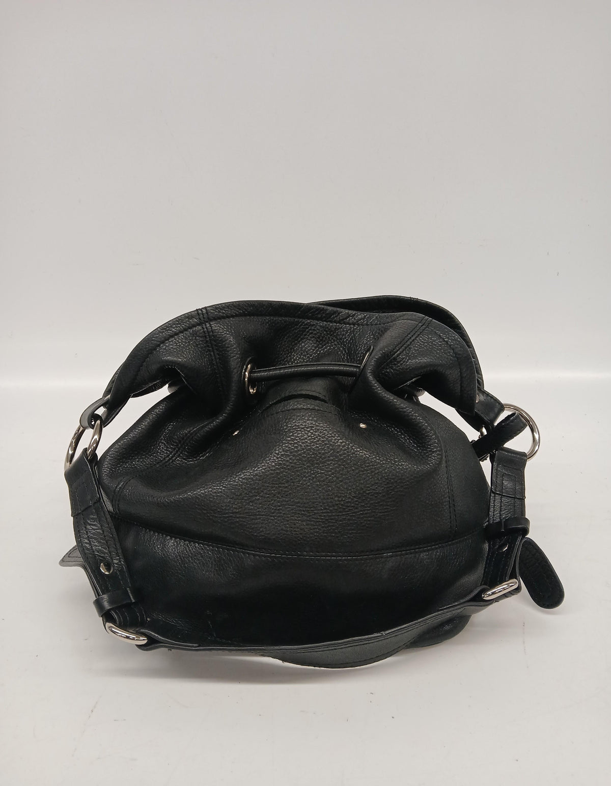 B. Makowsky Black Drawstring Leather Purse with Silver Hardware and Leopard Interior