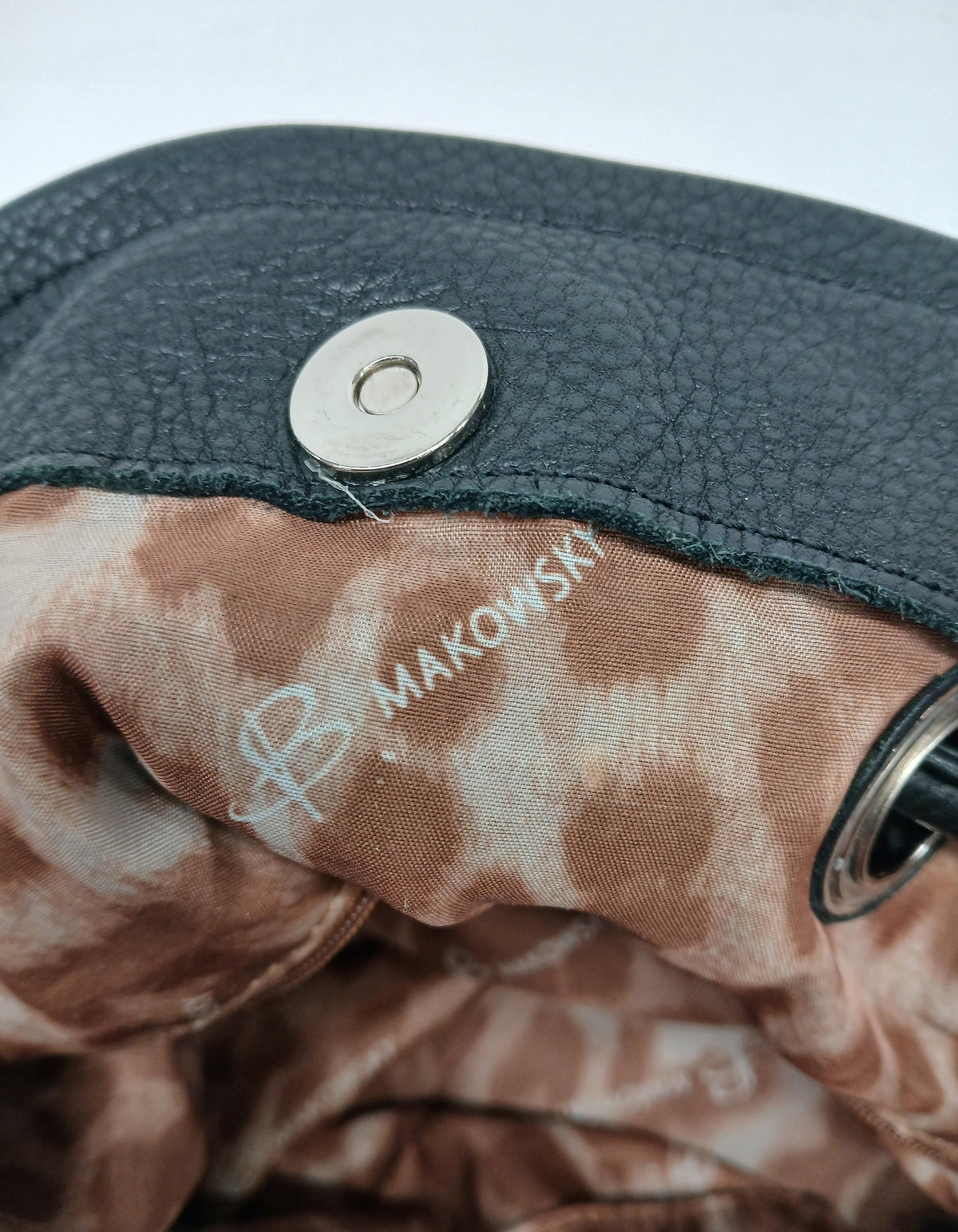 B. Makowsky black leather drawstring bucket purse with silver-tone hardware and leopard lining, view 6