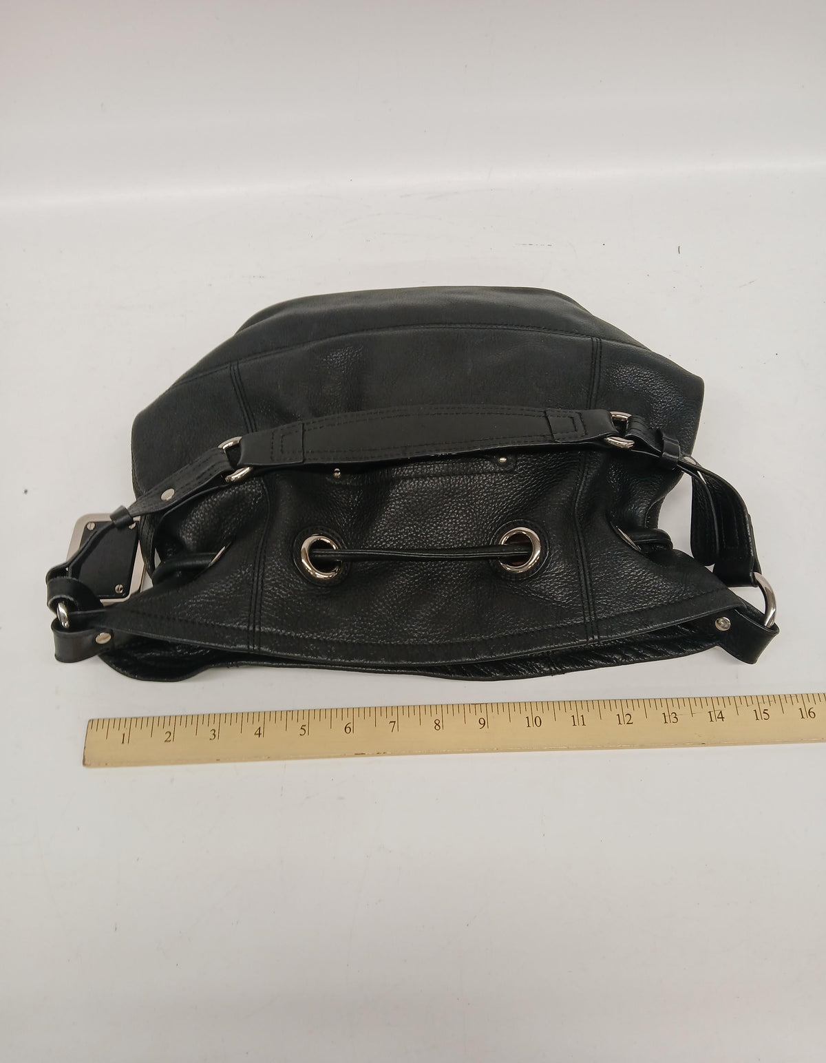 B. Makowsky black leather drawstring bucket purse with silver-tone hardware and leopard lining, view 7