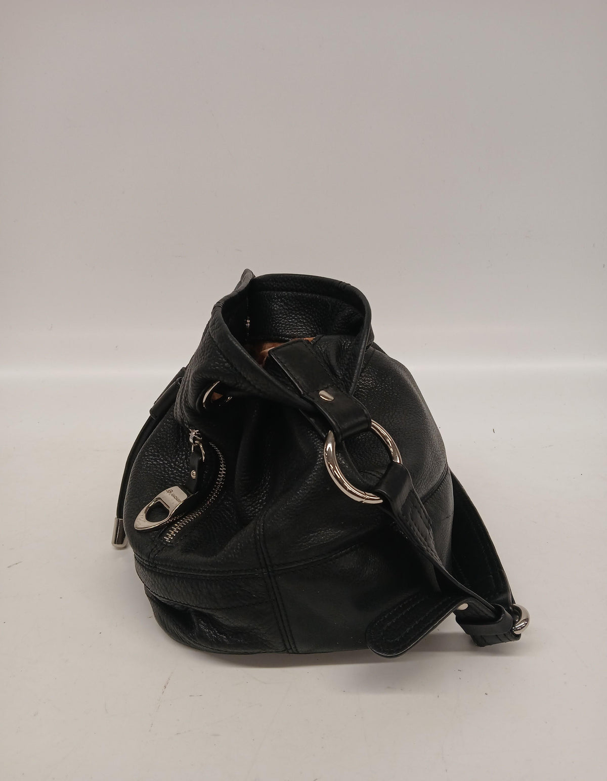 B. Makowsky black leather drawstring bucket purse with silver-tone hardware and leopard lining, view 8