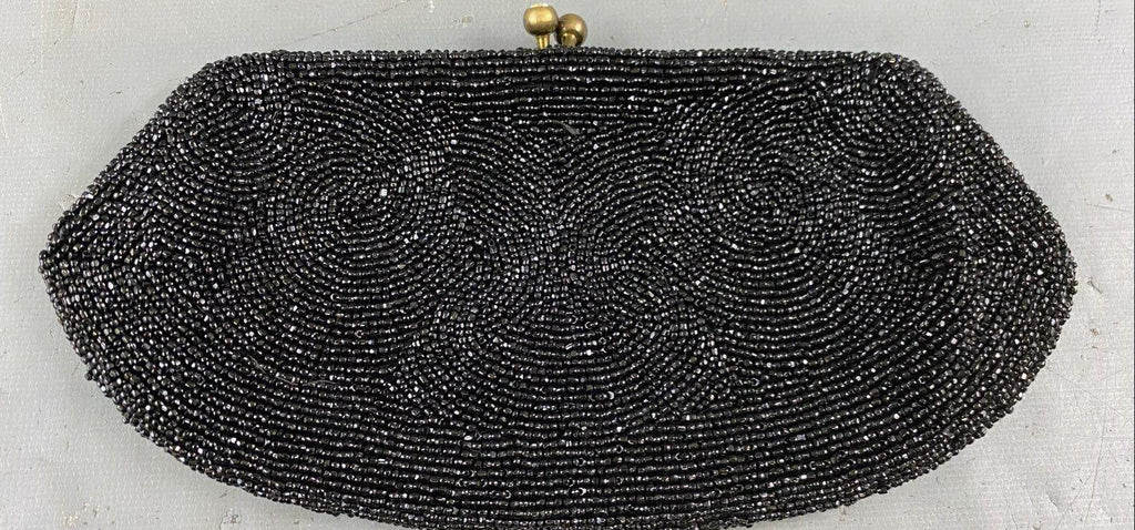 Walborg Belgium Black Beaded Evening Clutch, Vintage Formal Kiss Lock Handbag