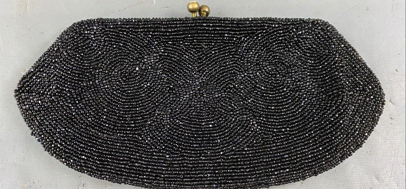 Walborg Belgium Black Beaded Evening Clutch, Vintage Formal Kiss Lock Handbag