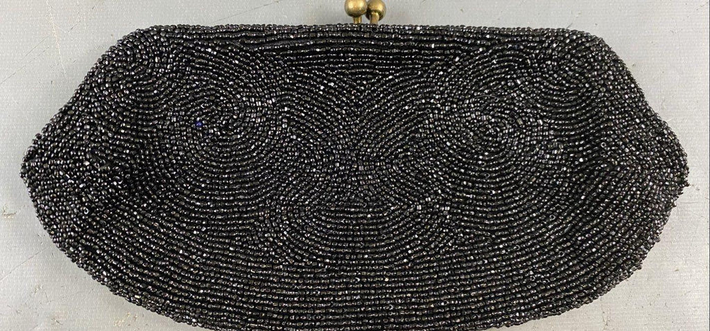 Walborg Belgium Black Beaded Evening Clutch, Vintage Formal Kiss Lock Handbag