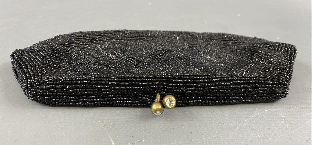 Walborg Belgium Black Beaded Evening Clutch, Vintage Formal Kiss Lock Handbag