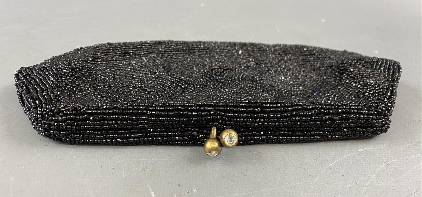 Walborg Belgium Black Beaded Evening Clutch, Vintage Formal Kiss Lock Handbag