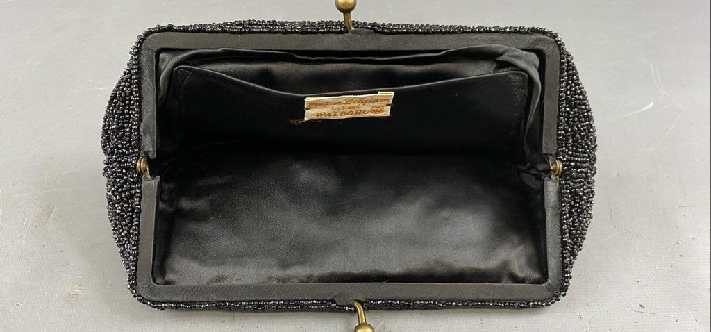 Walborg Belgium Black Beaded Evening Clutch, Vintage Formal Kiss Lock Handbag
