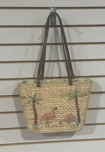 Woven straw tote with embroidered pink flamingos and palm trees and long shoulder straps, view 2