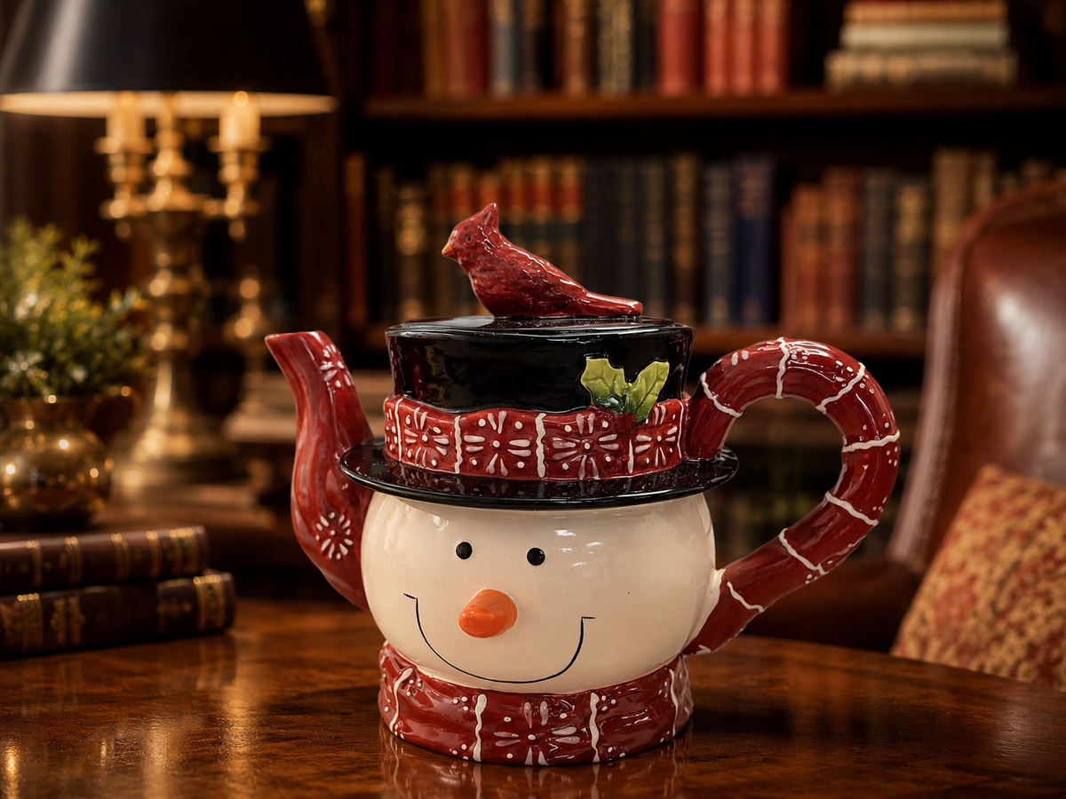 Ceramic snowman teapot with red plaid scarf and hat and red cardinal on the lid