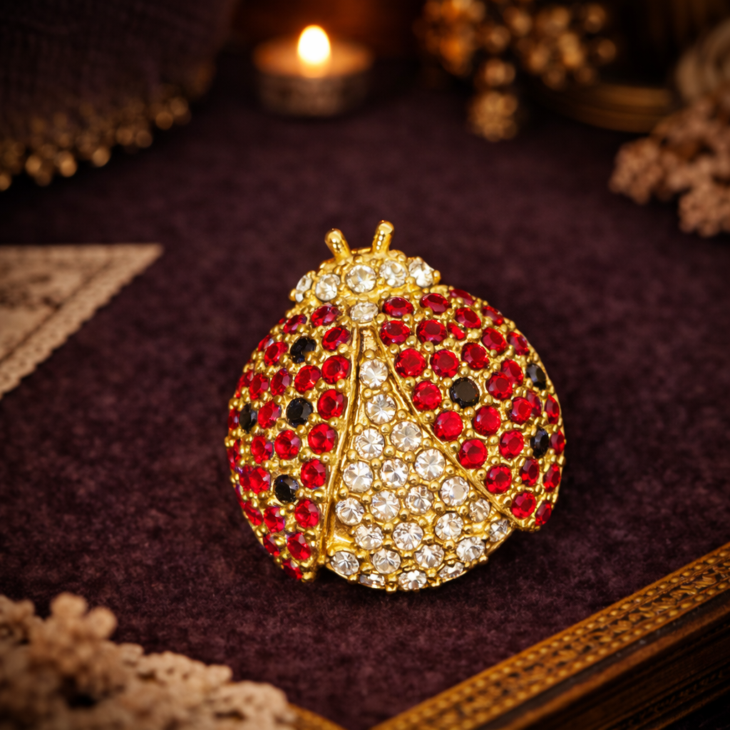 Signed Monet gold-tone ladybug brooch with red rhinestone wings and clear pavé center