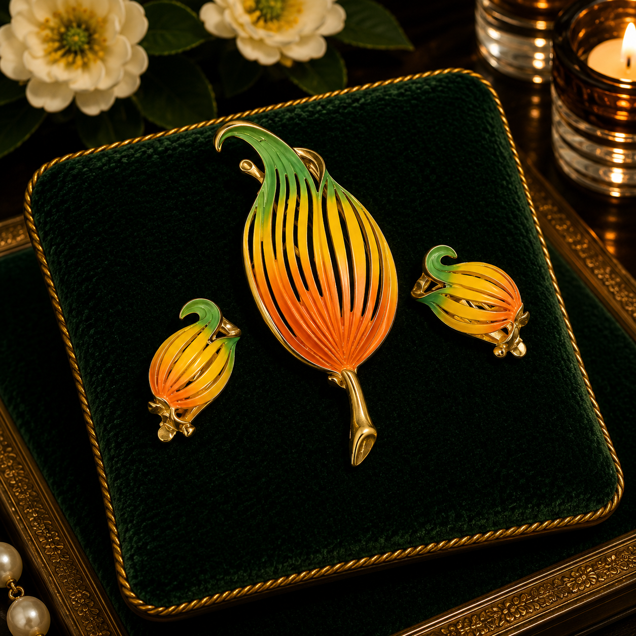 Vintage Gold Tone Tulip Brooch and Clip Earring Set | Enamel Floral Jewelry Set