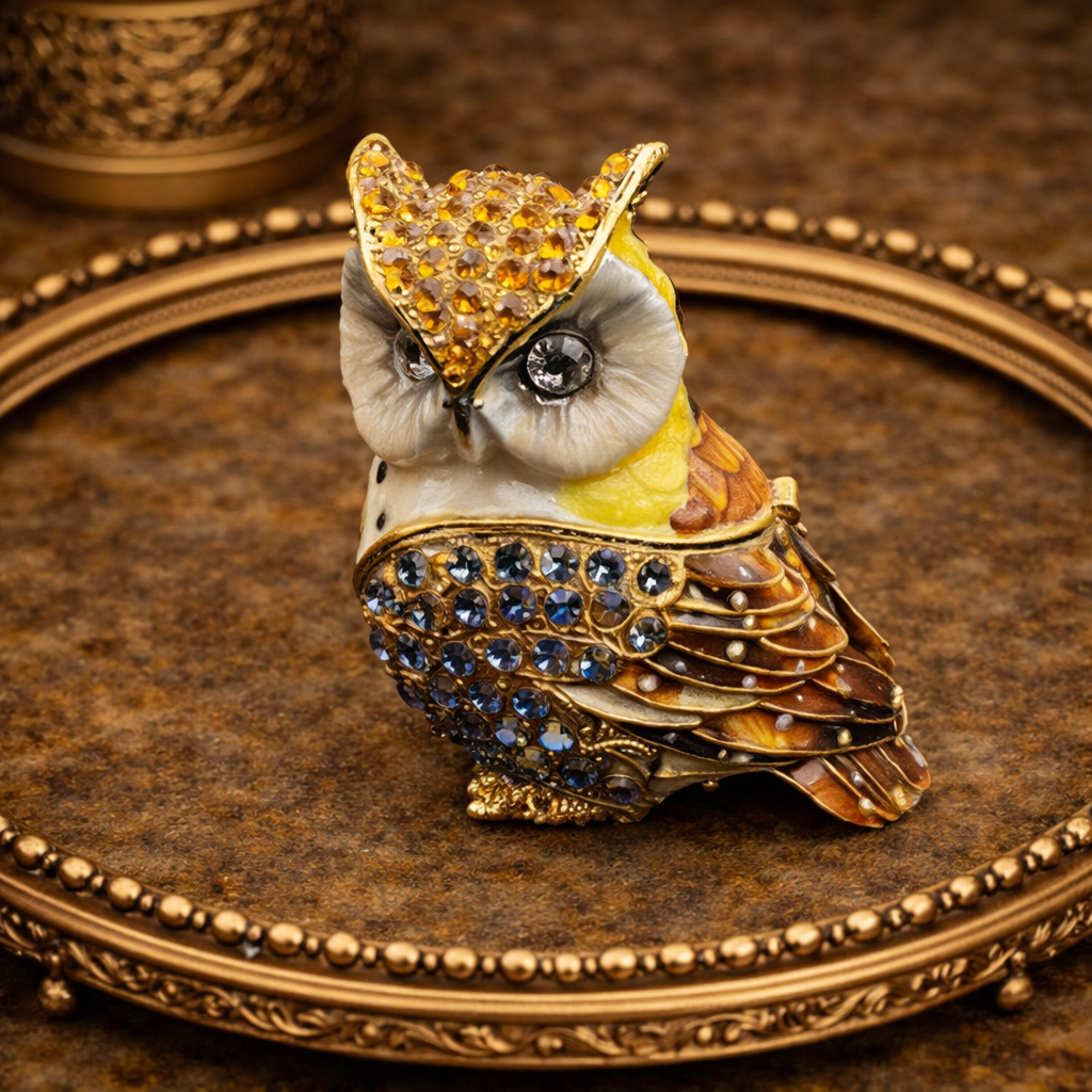 Owl trinket box with blue, amber and clear rhinestones and gold-tone detail