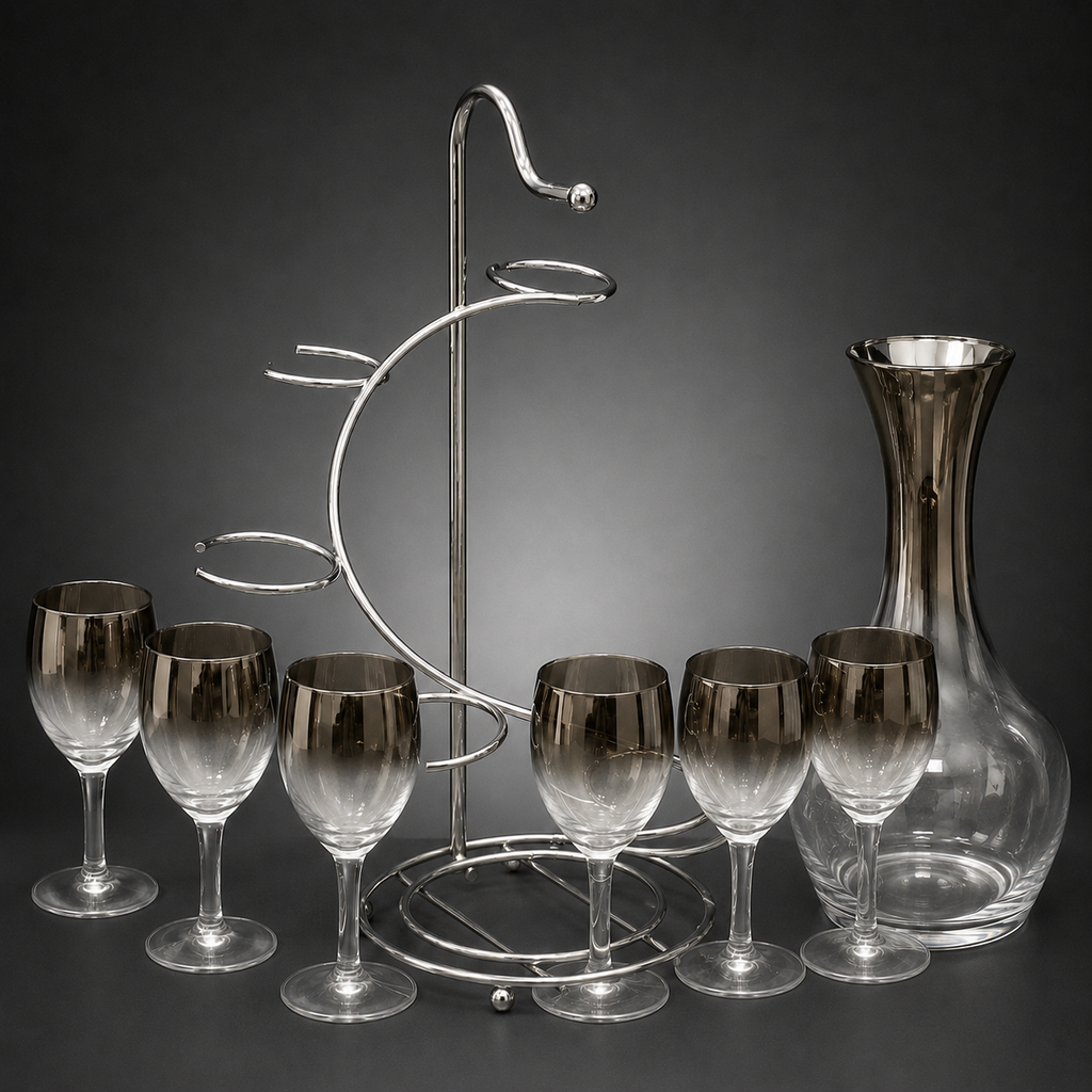 Vintage MCM Silver Fade Decanter & Wine Glass Set with Caddy | 7-Piece Chrome Barware Set