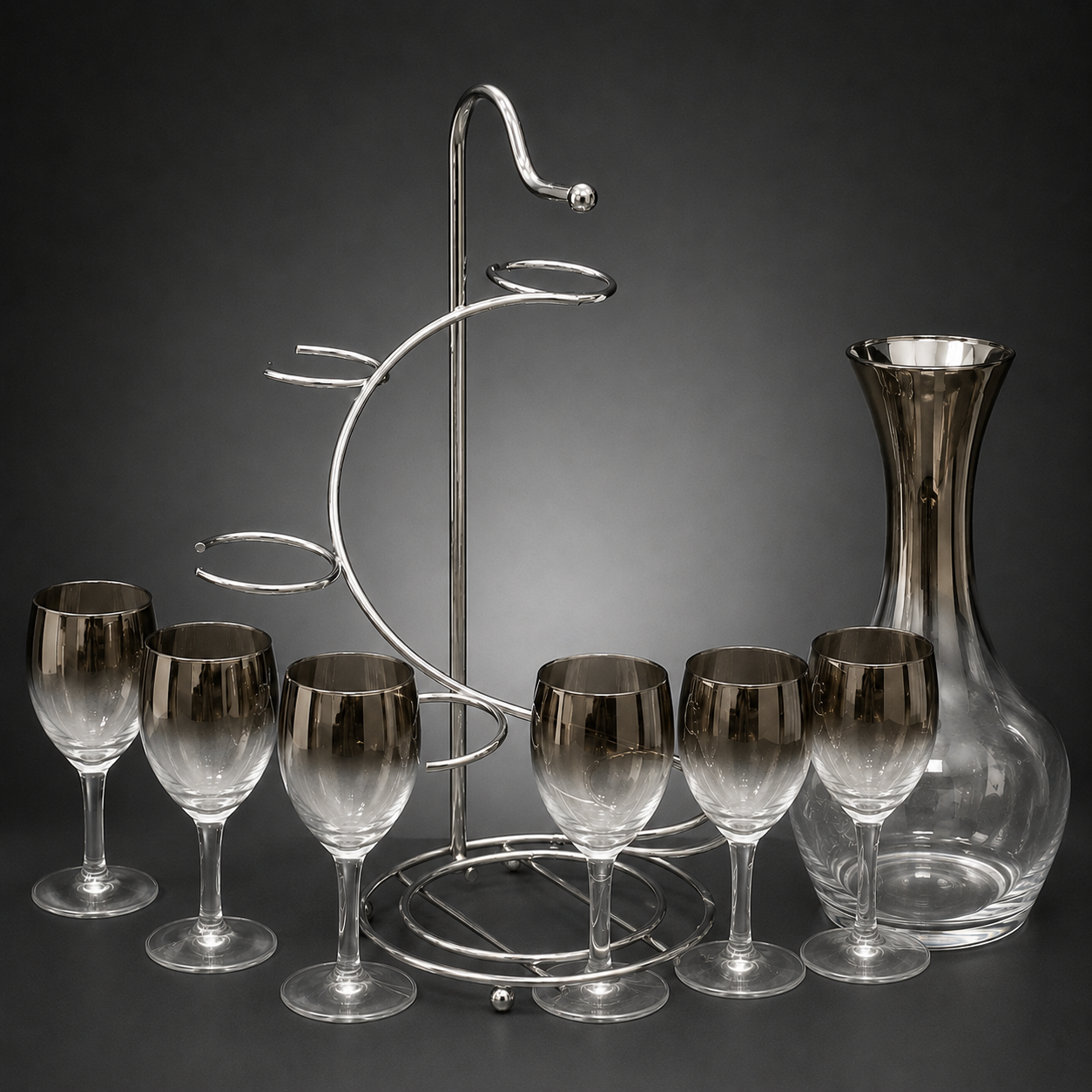 Vintage MCM Silver Fade Decanter & Wine Glass Set with Caddy | 7-Piece Chrome Barware Set