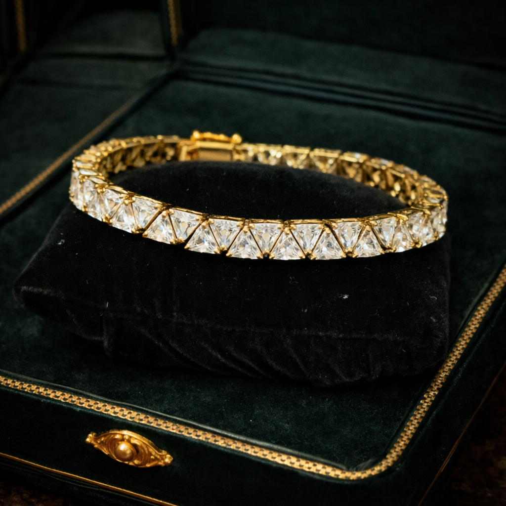 Vintage Triangle Cut CZ Tennis Bracelet Gold Tone High Sparkle Geometric Line Bracelet Curated Estate Glam