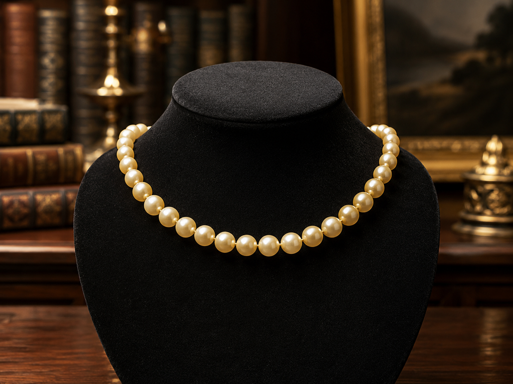 Gold Tone Cream Pearl Style Necklace with Crystal Accent Clasp