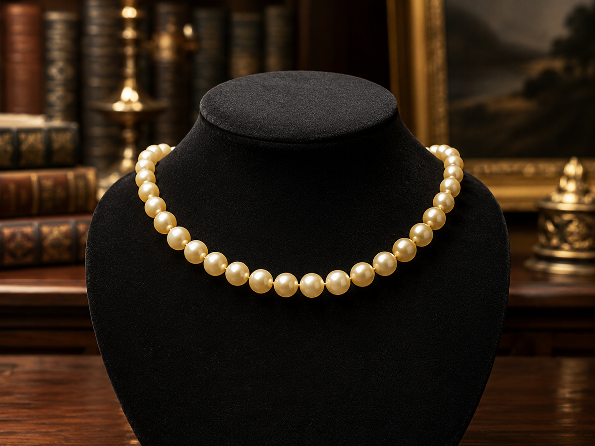 Single strand cream faux pearl necklace with gold-tone crystal accent clasp