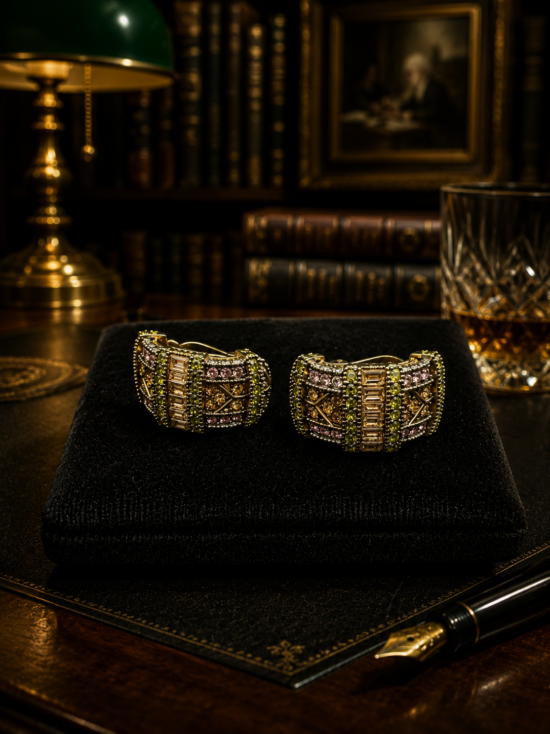 Signed Heidi Daus antiqued gold-tone hoop earrings with multicolor crystals