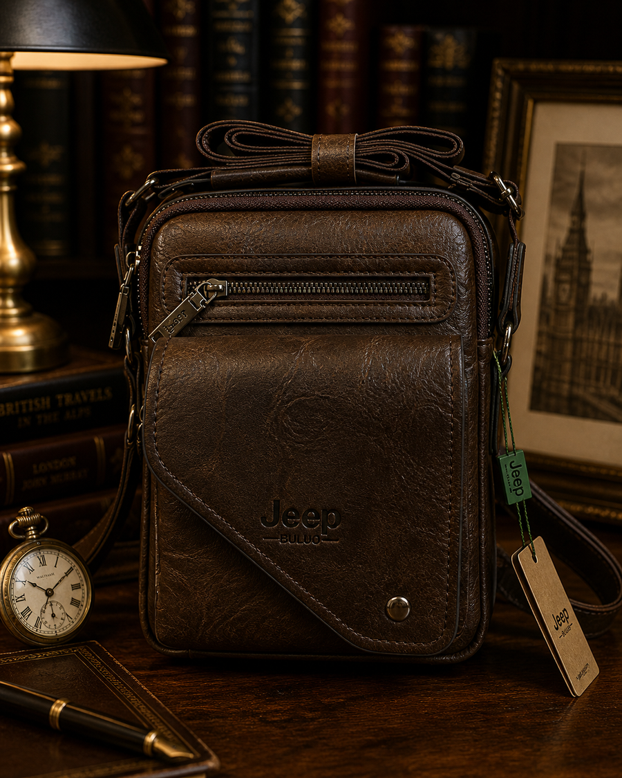 Distressed brown leather vertical crossbody bag with front zip pocket