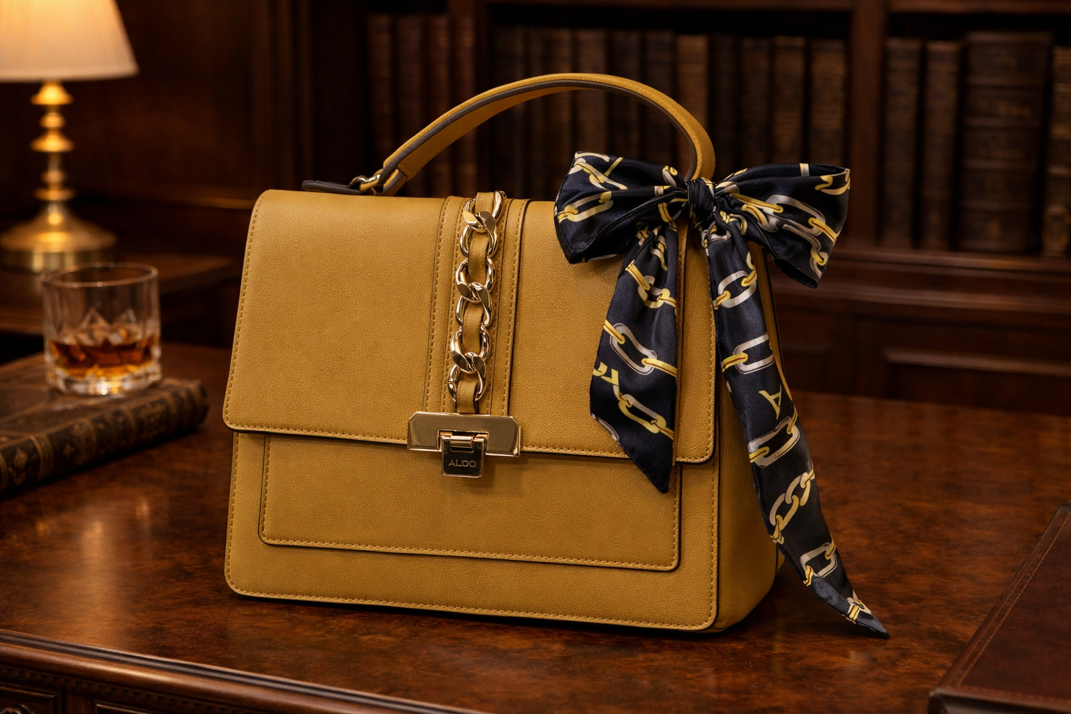 Aldo Yellow Shoulder Bag with Gold Chain Clasp and Scarf Accent Crossbody Satchel