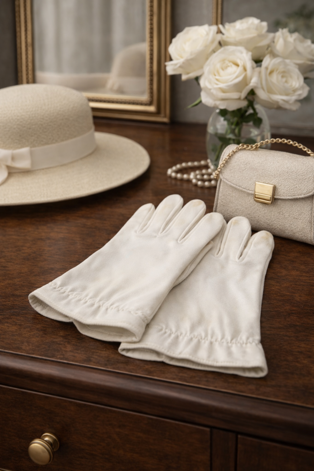 White ladies dress gloves with visible age spots