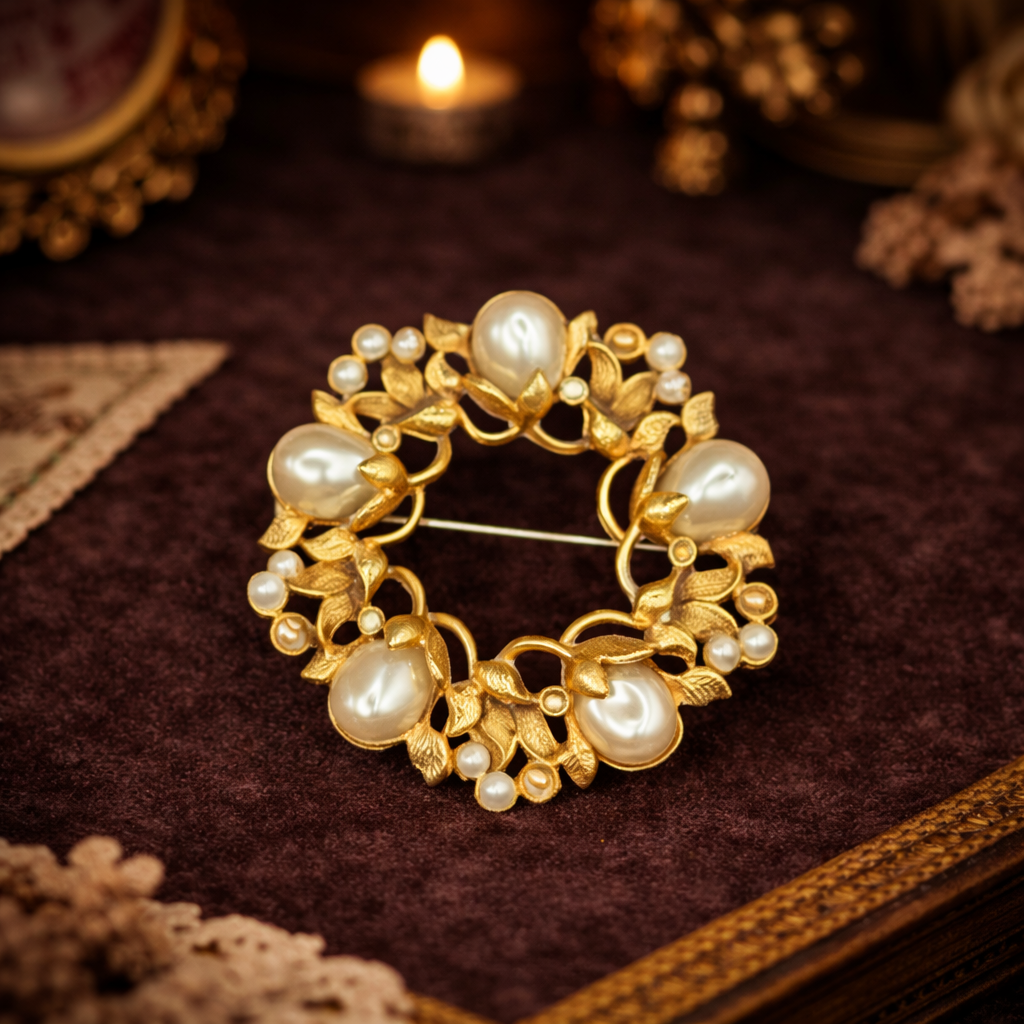 Three gold-tone faux pearl brooches: flower basket, wreath and purse, view 10