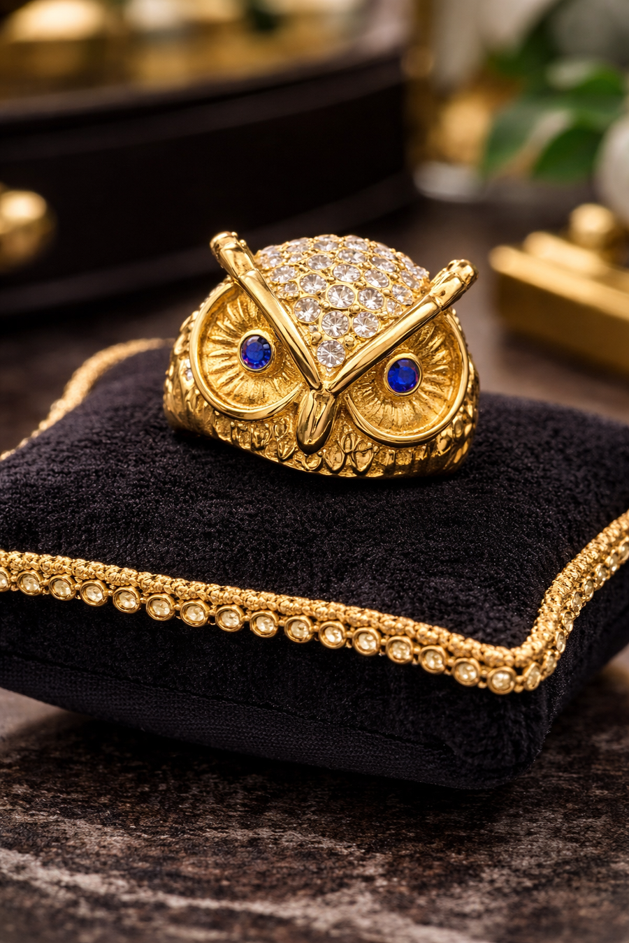 Gold-tone owl face ring with blue rhinestone eyes and clear crystal accents