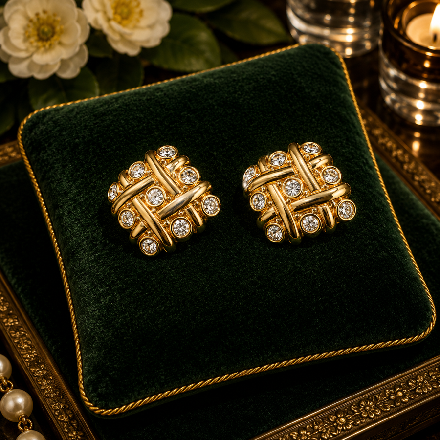 Signed Swarovski gold-tone basketweave clip earrings with clear crystal accents
