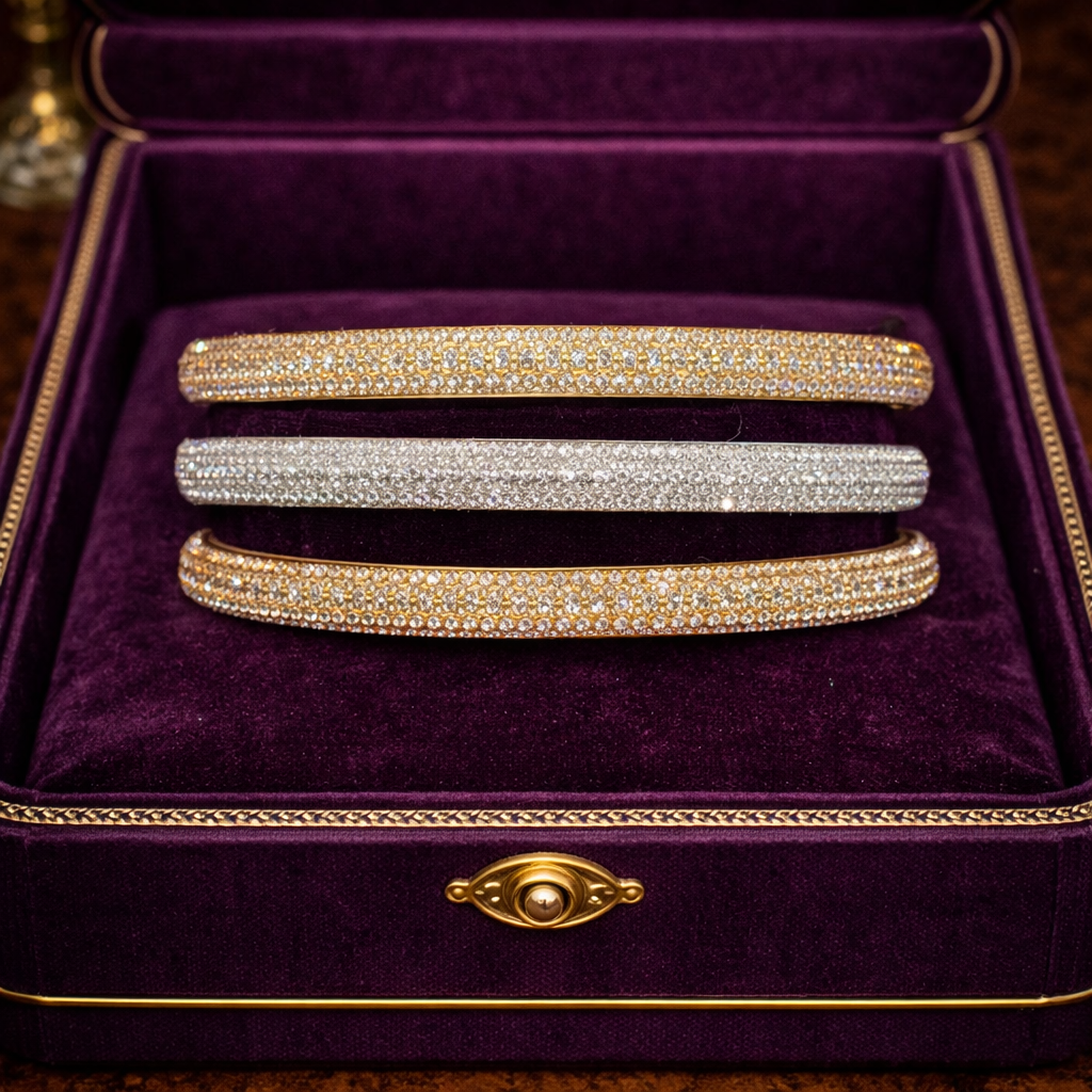 Vintage Napier Crystal Pavé Bangle Bracelet Set of 3 in Silver and Yellow Rose Gold Tone, Stackable Skinny Bangles, Elegant Estate Style