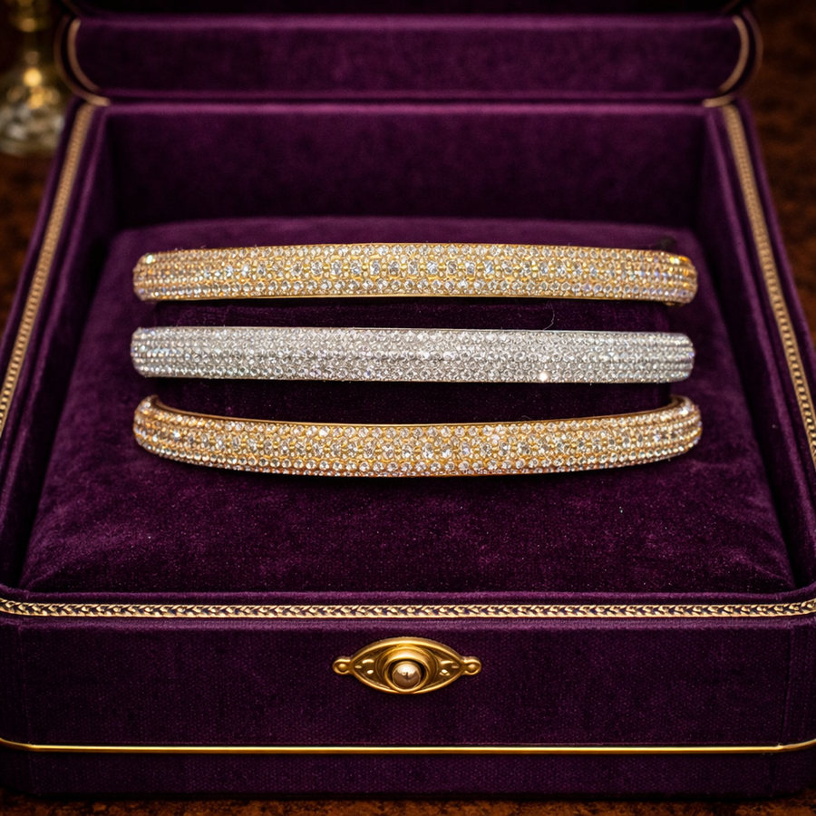 1960s Napier Crystal Pavé Bangle Bracelet Set of 3 in Silver and Yellow Rose Gold Tone, Stackable Skinny Bangles, Elegant Estate Style