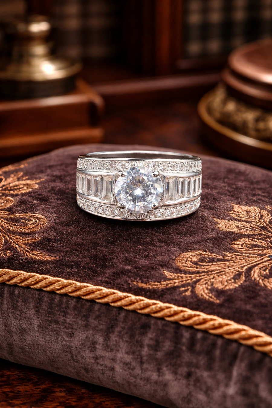 Silver-tone wide band ring with large round clear crystal and baguette side accents