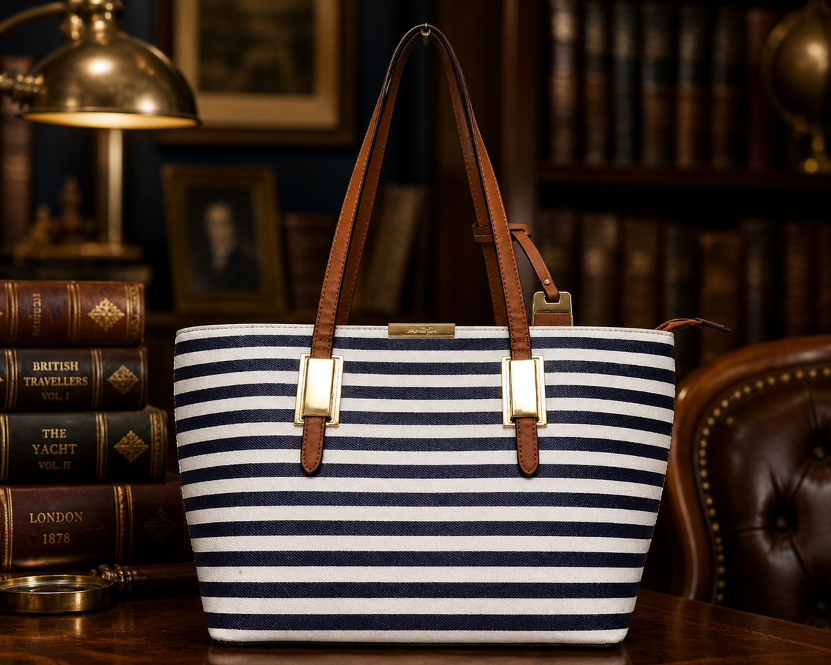 Aldo navy and white striped structured tote with brown straps
