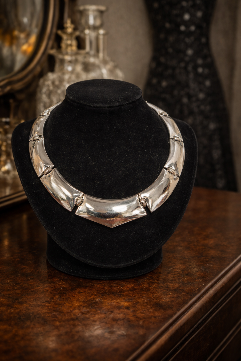 Vintage Sterling Silver Statement Collar Necklace with Graduated Sculptural Panels, High Polish Choker Fit, Curated Estate Minimal Glam