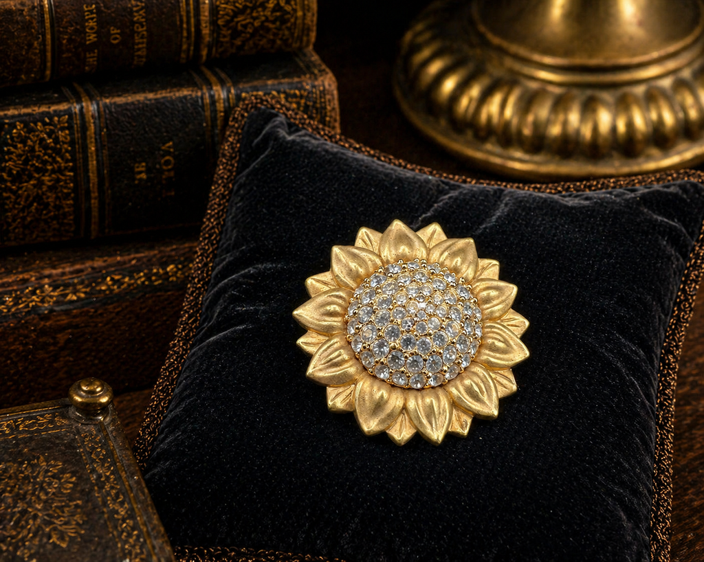 (SOLD) Swarovski Gold Tone Crystal Sunflower Brooch