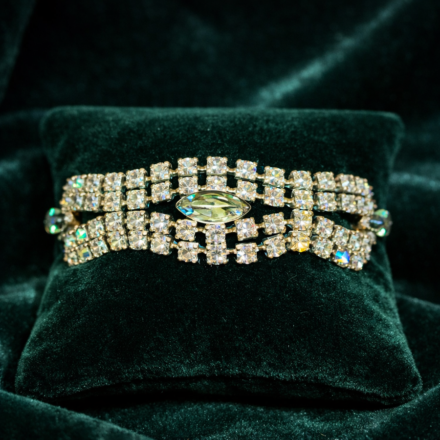 1950s–1960s Silver Tone Rhinestone Bracelet with Green Marquise Center and Aurora Borealis Crystals, Statement Link Design, Curated Estate Glam